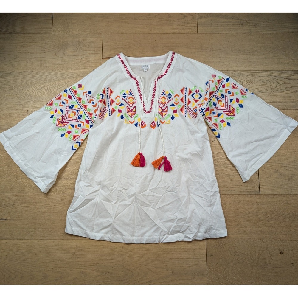 Mud Pie Womens White Cotton Embroidered Tassel Tunic Top Geometric Boho Large
